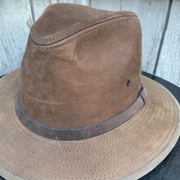 x2 Henschel Leather Fedora Hat Lot of 2 Vtg Brown and Cream Medium Made USA - Picture 6 of 16